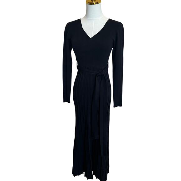Area Stars Black Fit Flare Knit Midi Wrap Dress XS Pleated Career Designer $175 - Picture 5 of 10